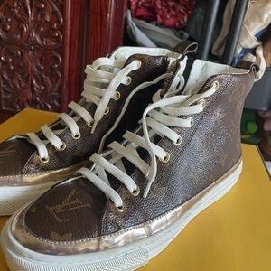 Louis Vuitton Brown Monogram High-Top Sneakers with White Laces & Gold Trim